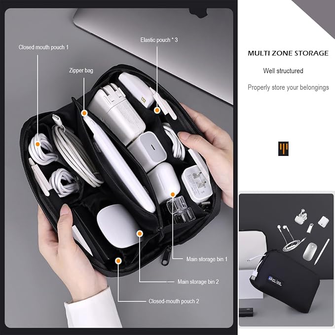 Tech Pouch,Travel Cord Rrganizer Case,Waterproofing Data Cable Storage Bag，9inches*5inches,For Charger, Cables, USB Drive,Phone,Power Bank,Memory Card(White)