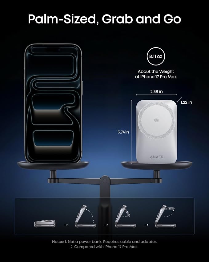 Anker Prime 3-in-1 Charging Station, AirCool Wireless Charger, Qi2 25W Certified Palm-Sized Foldable MagSafe Charger Compatible with iPhone 17, Apple Watch, AirPods (Non-Battery, with Adapter)