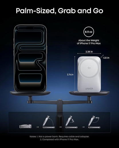 Anker Prime 3-in-1 Charging Station, AirCool Wireless Charger, Qi2 25W Certified Palm-Sized Foldable MagSafe Charger Compatible with iPhone 17, Apple Watch, AirPods (Non-Battery, with Adapter)