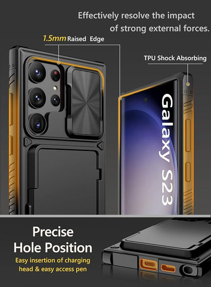 Vihibii for Samsung Galaxy S23 Ultra Case with Card Holder (4 Cards), Built-in 2X Privacy Screen Protector, Slide Lens Cover, Rugged & Shockproof Wallet Case for S23 Ultra 6.9" 5G, Black