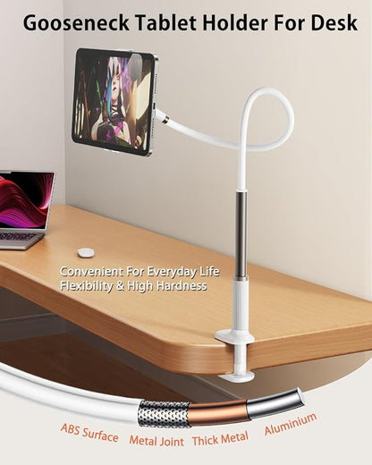 Gooseneck Tablet Holder for Bed, Adjustable Tablet Stand for Desk, Flexible Long Arm Mount for Kindle Reading in Bed, Compatible with iPad and Other 4.7-10.9 Inches Devices