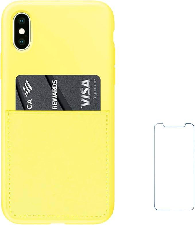 Ultra Slim Liquid Silicone Case Compatible for iPhone Xs/X 10(5.8 inch) with Card Holder Slot Ultra-Slim Thin Soft Wallet Cover Compatible for iPhone XS/X/11 with Screen Protector(Yellow)