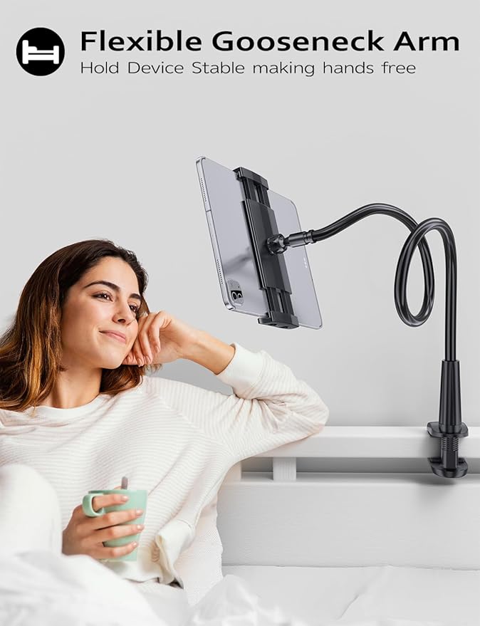 Tryone Gooseneck Kindle&Tablet Holder for Bed Hands-Free Reading on Bed Headboard for iPad, Kindle, and Switch, Flexible 30in Al-Mg Alloy Clamp Arm Stand for Tablets 4.7-10.5 in, Phone - Black - 30in
