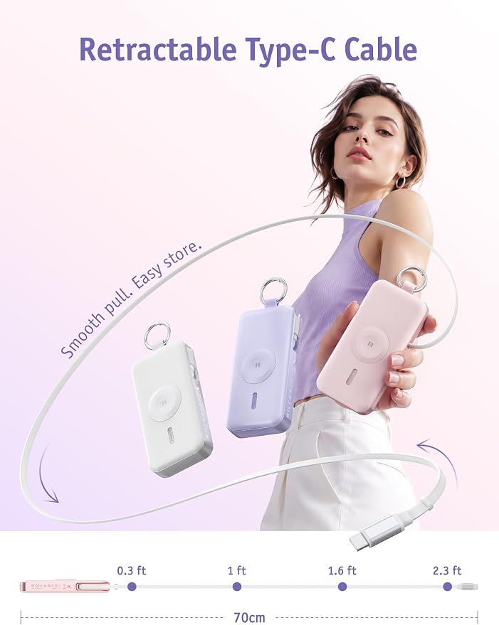 RORRY CharmGo Portable Charger 3 in 1 30W Fast Charging Power Bank 12000mAh | Built-in Retractable Cable, Keychain Design, for iPhone/iWatch/iPad/Airpods,2 USB-C Cables,Purple