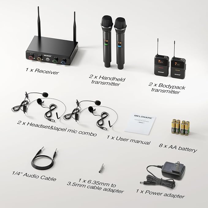 4-Channel Wireless Microphone System,UHF Cordless Mic Set w/ 4x10 Frequencies, 200ft, 2 Handheld Dynamic Mics, 2 Bodypacks & Headset/Lapel Microphones for Singing, Karaoke, DJ (MWM-41-2H2B)