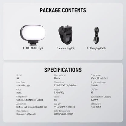 NEEWER Basics Portable Selfie Light, 3W Clip on Phone Small LED Cold Shoe Camera Lighting, 600mAh CRI95 3 Color Modes Dimmable for iPhone iPad Laptop Webcam Zoom Video Conference Recording Vlog, N9