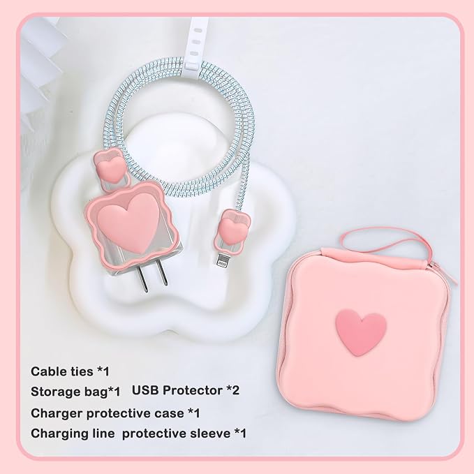 CameCosy Phone Charger Storage Case Cover Sets with Cable Protector for iPhone Charger, Wave Travel Storage Bag, Earphone Wire Saver Cable Organizer Soft Cute Cable Protector (Pink Love Heart)