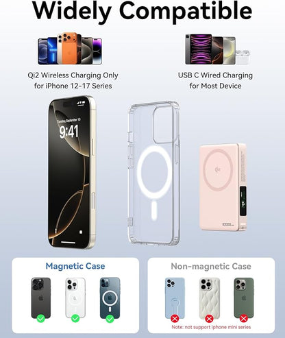 Magnetic Portable Charger for iPhone with Active Cooling, 10000mAh Qi2 15W Magsafe Power Bank with Stand, 35W USB C for Samsung Android, Wireless Battery Pack for iPhone 17/16/15 Series