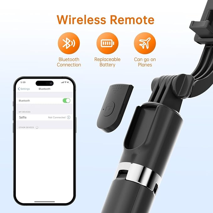 67" Selfie Stick Tripod, Portable Cell Phone Tripod with Wireless Remote Control, 360° Rotating Extendable All-in-1 Travel Stand for Selfies Video Recording, Compatible with iOS/Android, Silver Black