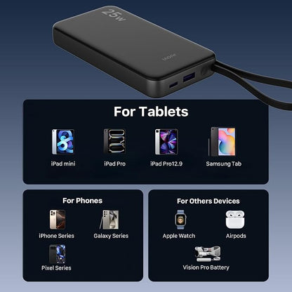 JUOVI 25W Portable Charger 10000mah Power Bank Built-in USB-C Cable | Battery Pack with LED Display, Portable Phone Charger for iPhone 17 16 15 14 Samsung S24 S23 iPad Tablets