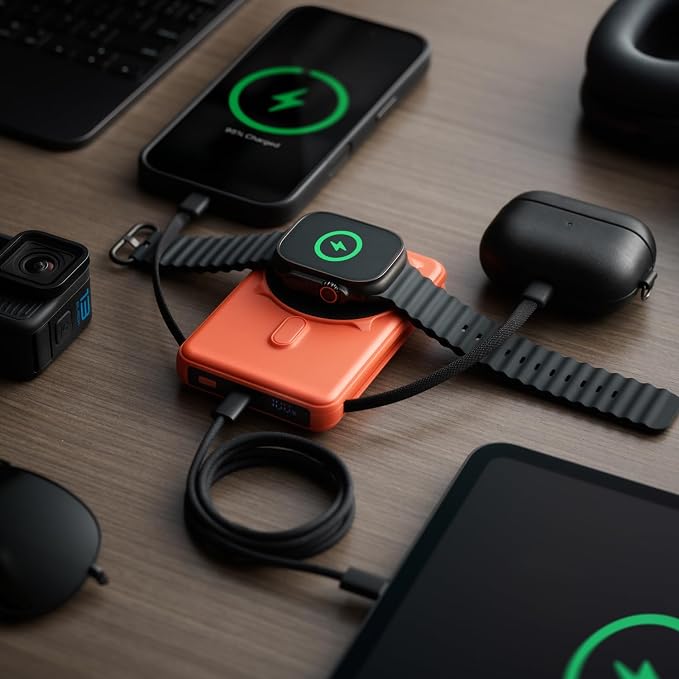 Ridge Magnetic Power Bank Fast Charging - Compatible with MagSafe - Portable Charger Power Bank - with Built in Cable and Wireless Charging, 5-in-1 Charging & Magnetic Attachment (Basecamp Orange)