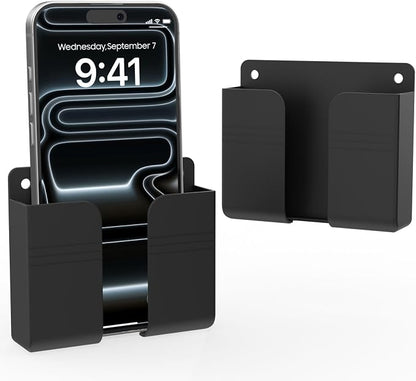 Wall Mounted Phone Holder with Adhesive, No-Drill Phone Stand for Charging, Built-in Cable Slot, Phone Holder for Bathroom, Bedroom, Kitchen, RV, Compatible with iPhone & Android, Black