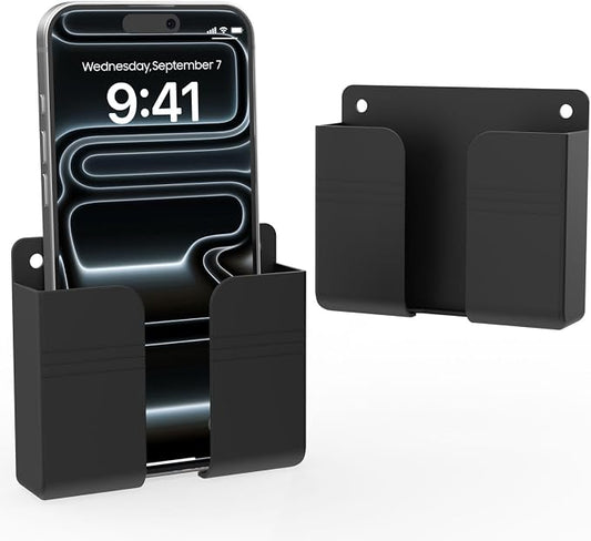 Wall Mounted Phone Holder with Adhesive, No-Drill Phone Stand for Charging, Built-in Cable Slot, Phone Holder for Bathroom, Bedroom, Kitchen, RV, Compatible with iPhone & Android, Black