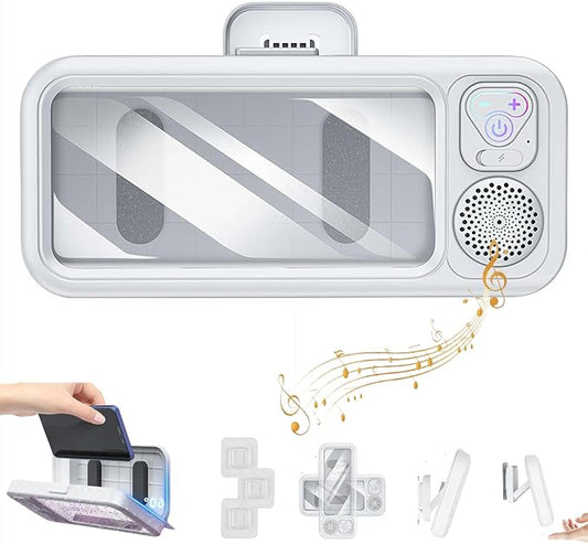 Shower Phone Holder with Wireless Bluetooth Speaker, Waterproof Touchable Phone Case for Bathroom Mirror and Bathtub, Rotation Retractable Wall Mounted Phones Holder,2026 New (White)