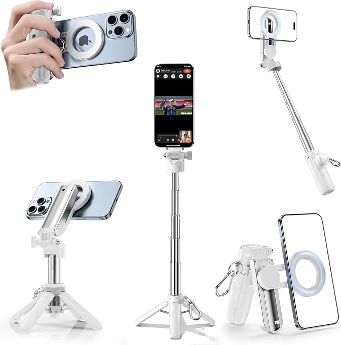 CloudValley Magnetic 4-in-1 Multifunctional Selfie Stick Tripod, Mini Portable Pocket Phone Stand with Detachable Remote, Compatible with MagSafe, for iPhone/Android, Travel Vlog, Live Stream, White