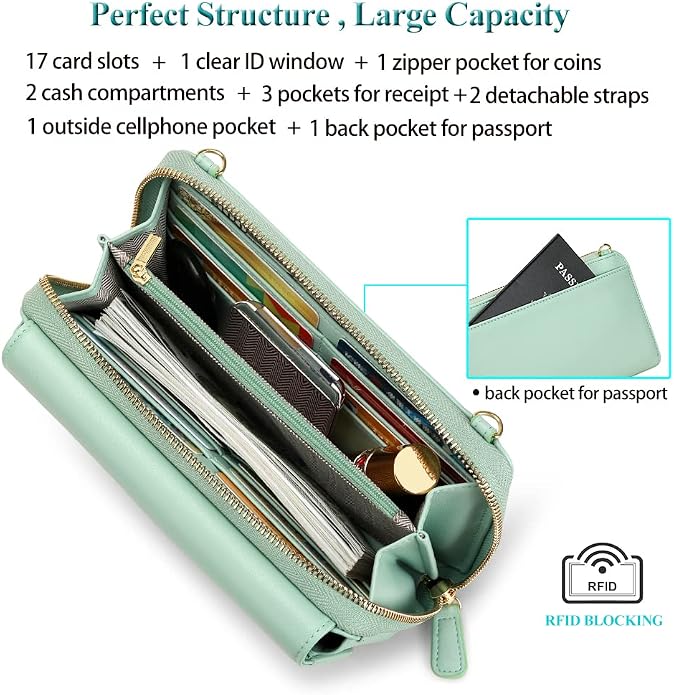 Peacocktion Crossbody Bags for Women RFID Wristlet Wallets Travel Vegan Leather Small Clutch Purses with Phone Pocket Zipper