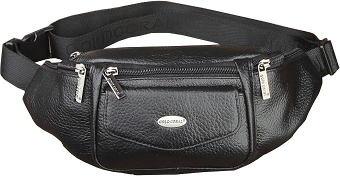 Hebetag Leather Fanny Pack Waist Bag for Men Women Slim Bumbag Waist Packs Outdoor Travel Hiking Casual Pouch Day Pack (Black)