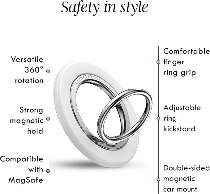 COCOMII Magnetic Phone Ring Holder for MagSafe, 360° Rotation Finger Grip Stand, Matte White