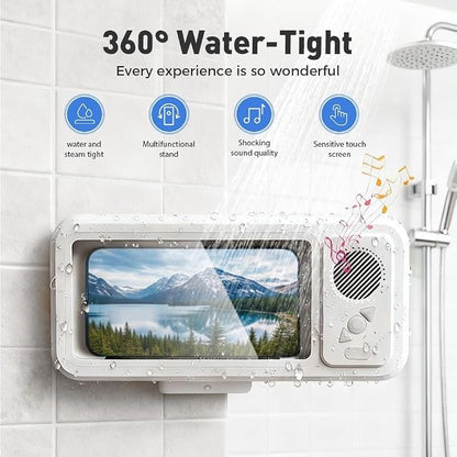 Shower Phone Holder Waterproof with Wireless Bluetooth Speaker, Hands-Free Shower Phone Holder for Any Phone, Wall Mounted Phoneholder for Bathroom Mirror (Pink)