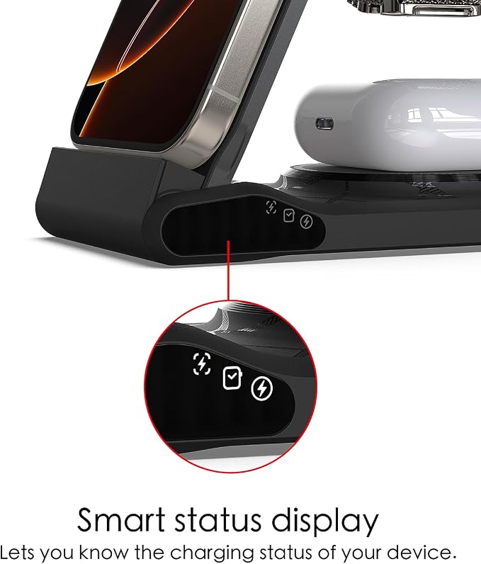 3 in 1 Charging Station for Multiple Devices,Travel Wireless Charging Station, Foldable Charger for iPhone 16/15/14/13/12/SE/11/X/8 Series,& Android Phone,& AirPods,& iWatch (Adapter Not Included)