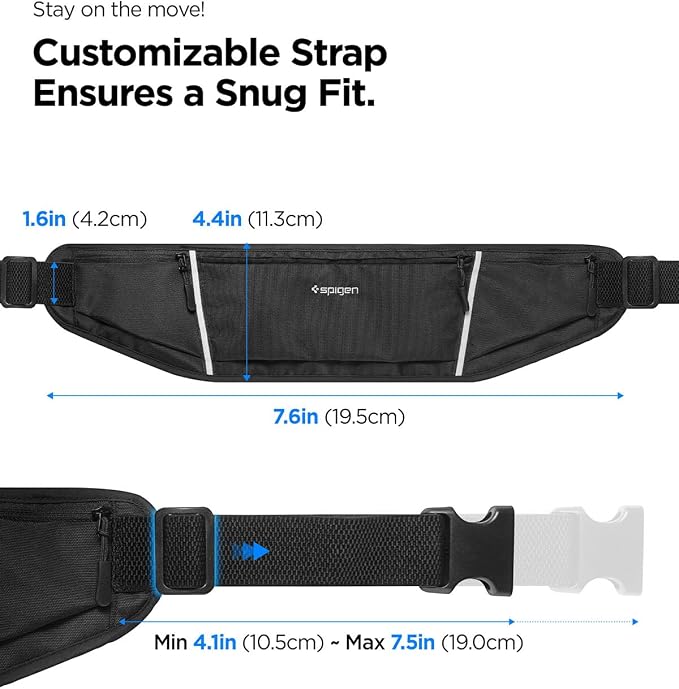 Spigen Life A710 Dynamic Shield Slim Running Adjustable Waist Belt Fanny Pack for Men & Women, Phone Holder, Lightweight, Water Resistant, Reflective, Bounce-free for Running, Jogging, Sports - Black