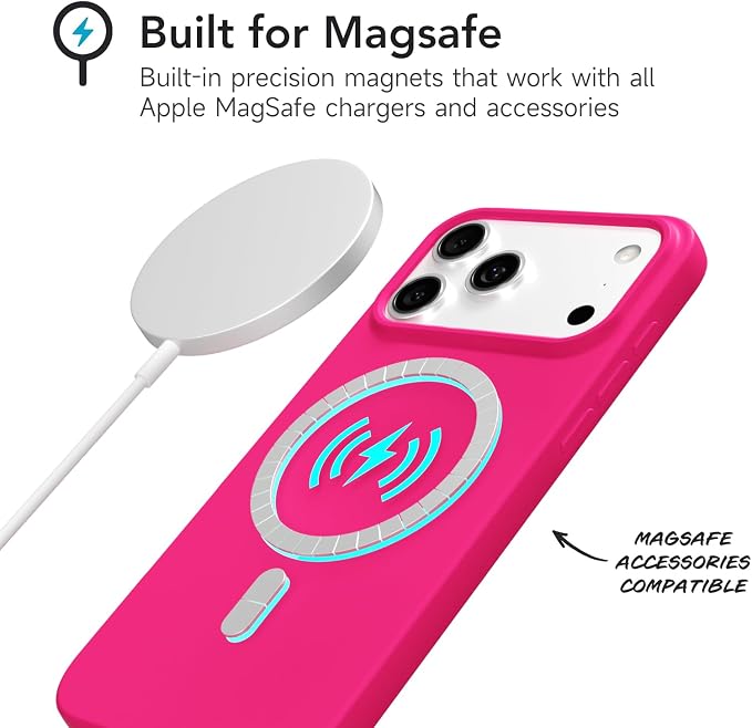 for iPhone 17 Pro Case Silicone Compatible with Magsafe Case, Ultra Slim Thin Magnetic Phone Cases Mag Safe, Cute Soft Rubber Gel TPU Matte Plain Wireless Charging Cover for Women, Hot Pink
