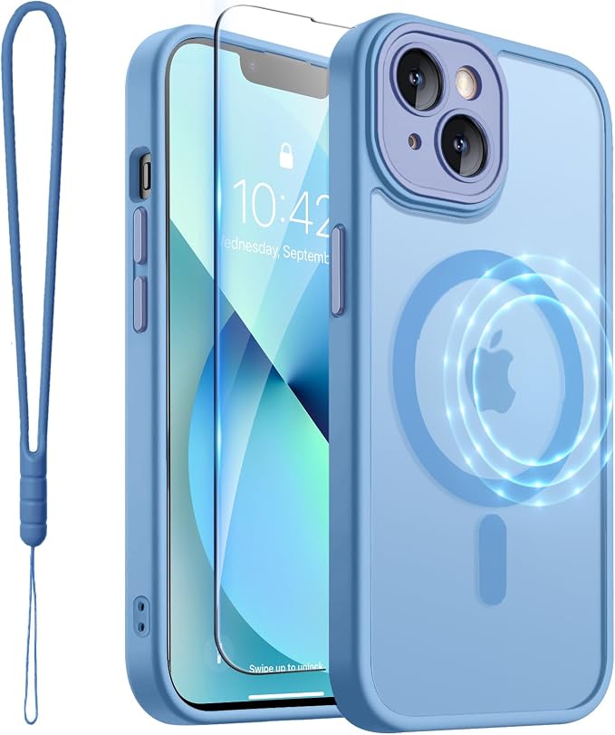 ROYBENS for iPhone 13 Matte Clear Case Compatible with Magsafe, Full Camera Lens Protection, Screen Protector, Wrist Strap, Translucent Magnetic Slim Hard Protective Phone Cover,6.1-Inch, Blue