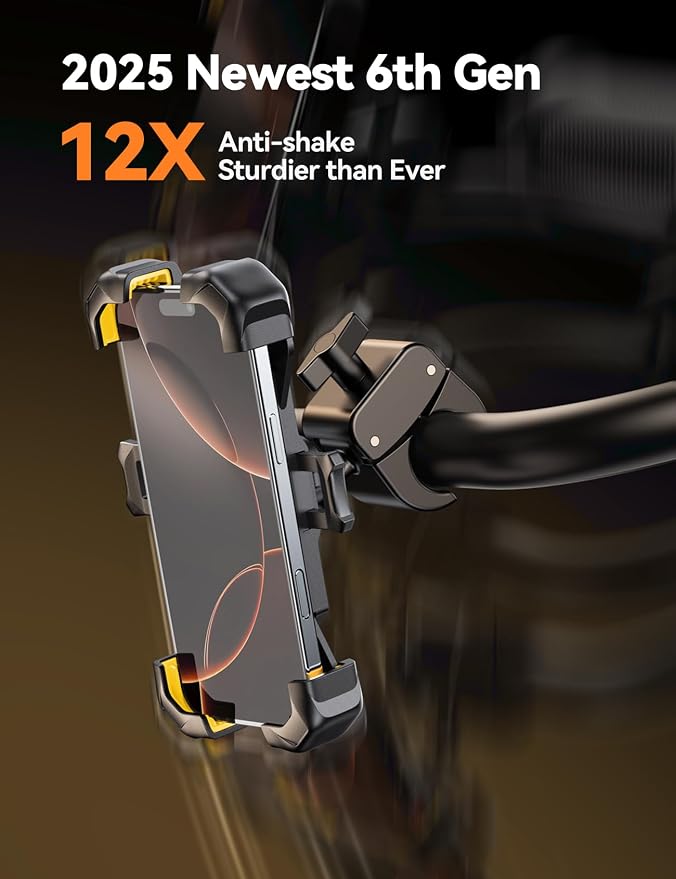 JOYROOM Motorcycle Phone Mount, [1s Auto Lock][100mph Military Anti-Shake] Bike Phone Holder for Bicycle, [10s Quick Install] Handlebar Phone Mount, Compatible with iPhone, Samsung, All Phone, Yellow