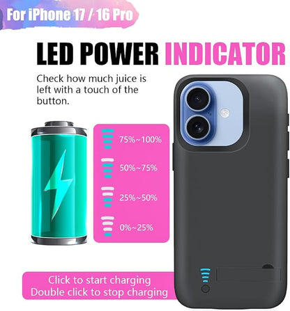 Battery Case for iPhone 17 / iPhone 16 Pro, 5000mAh Rechargeable Extended Battery Charging/Charger Case, Add 100% Extra Juice (6.3 Inches) Black