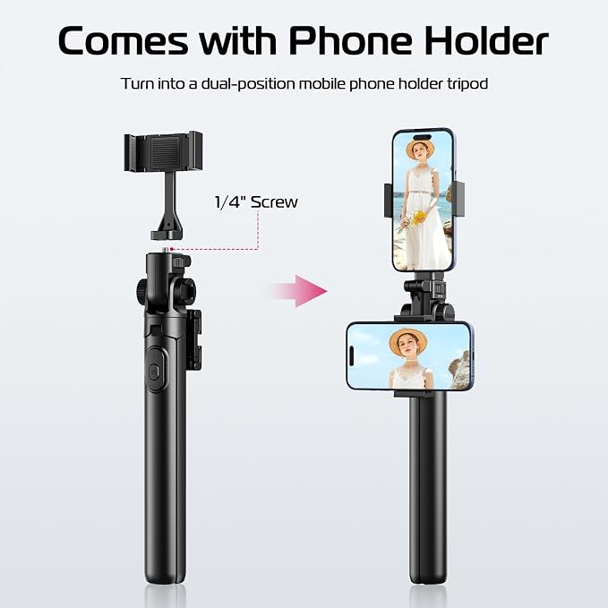 ULANZI MT-70 Extendable Tripod, 63" Selfie Stick Vlog Tripod Stand with 2 Phone Clips as Teleprompter, 360° Rotate Camera Holder for iPhone, Sony, Canon, DJI Osmo Nano, Lightweight for Travel, Black
