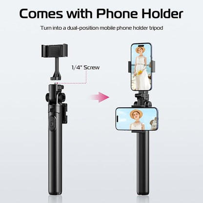 ULANZI MT-70 Extendable Tripod, 63" Selfie Stick Vlog Tripod Stand with 2 Phone Clips as Teleprompter, 360° Rotate Camera Holder for iPhone, Sony, Canon, DJI Osmo Nano, Lightweight for Travel, Black