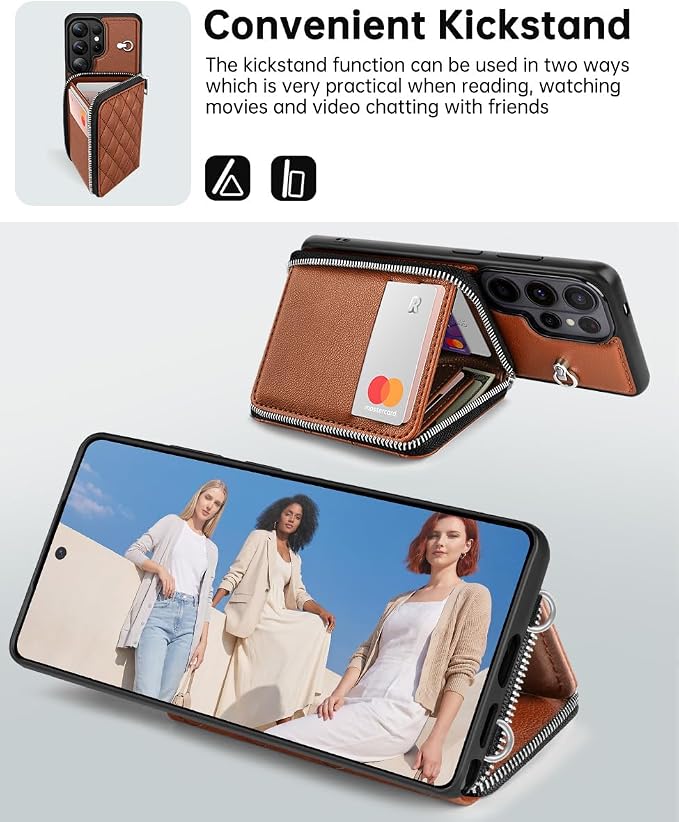 OCASE Compatible with Samsung Galaxy S26 Ultra Crossbody Wallet Case with Card Holder, PU Leather Zipper Handbag Phone Purse with RFID Blocking Kickstand Wrist Strap Lanyard, Brown