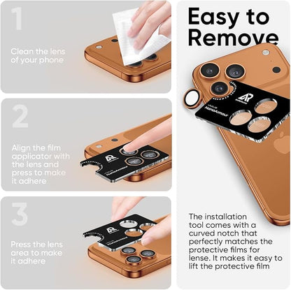 FLOLAB NanoArmour for iPhone 17 Pro Max/iPhone 17 Pro Camera Lens Protector, Anti-Reflective, Durable Tempered Glass with Aluminum Ring Ultra Clear TruColors, Easy Install - Orange