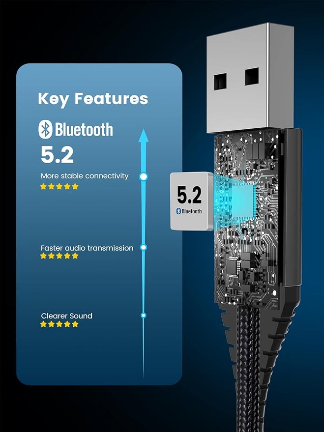 Aux Bluetooth 5.2 Car Adapter, USB Powered 3.5mm Jack, Handsfree Call, Music Streaming for Trucks Hi-Fi Home Stereo Systems
