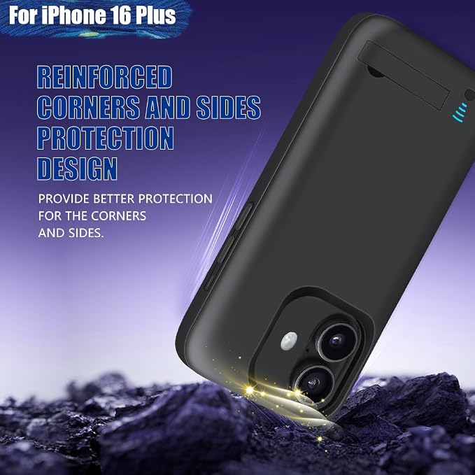 Battery Case for iPhone 16 Plus, 6000mAh Rechargeable Extended Battery Charging/Charger Case, Add 100% Extra Juice (6.7 Inches) Black