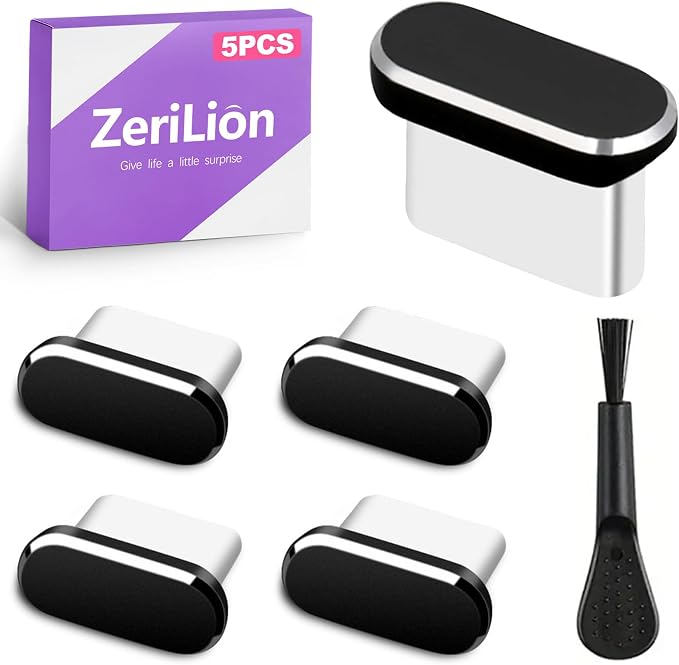 5-in-1 USB C Dust Plugs and Cleaning Tool Set 4 Pack Type-C Port Protector Covers with Fine Brush for Speaker Mesh Compatible with Phones Tablets and Laptops