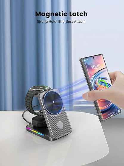 Magnetic Wireless Charger for Samsung Galaxy S26 Ultra, 3 in 1 Wireless Charging Station for Samsung Watch 8, Travel Foldable MagSafe Charger Stand for Android S25 Ultra/Z Fold/Z Flip 7, Buds 4 Pro