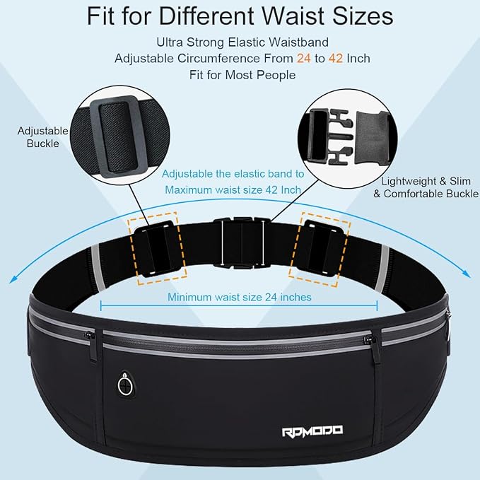 Slim Running Belt，Water Resistant Fanny Pack for Women Men，3 Pocket Phone Holder for Running Walking Cycling，Adjustable Reflective Running Waist Bag for iPhone 16 15 14 13 Pro Max Samsung Black