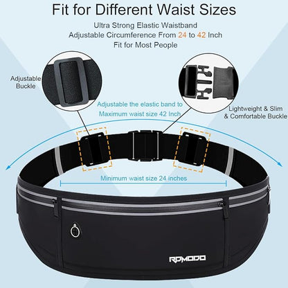 Slim Running Belt，Water Resistant Fanny Pack for Women Men，3 Pocket Phone Holder for Running Walking Cycling，Adjustable Reflective Running Waist Bag for iPhone 16 15 14 13 Pro Max Samsung Black