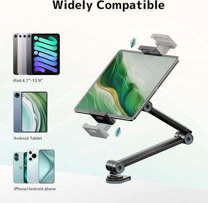 Tablet Stand Holder for Desk, Portable Phone Tablet Holder for ipad with 360° Rotation,Adjustable Arm Clamp Mount Compatible with 4.7"-12.9" iPad, iPhone, Kindle, Black