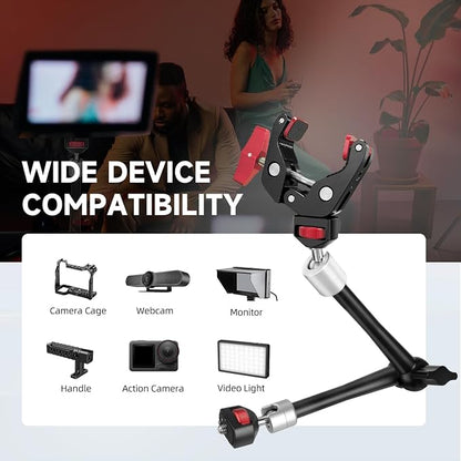 HEMMOTOP 11in Magic Arm Camera Mount Clamp, Max. Payload 5.5 LBS Articulating Arm with Anti-Twist Pins, Rotatable Pads, Adjustable Friction Arm for Monitor, LED Light, Camera Video Rig MS02