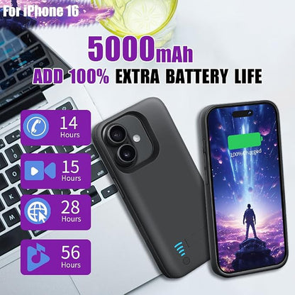 Battery Case for iPhone 16, 5000mAh Rechargeable Extended Battery Charging/Charger Case, Add 100% Extra Juice (6.1 Inches) Black