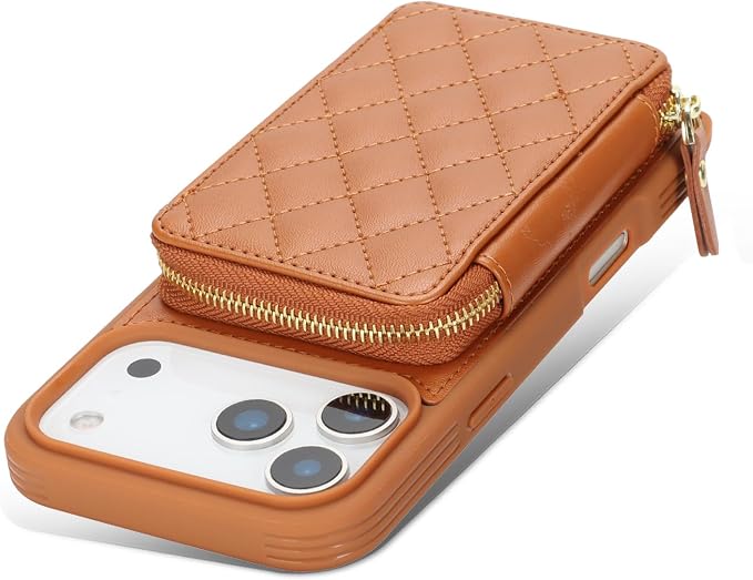 Crossbody Wallet Case for iPhone 17 Pro Max, PU Leather Zipper Handbag Purse Flip Cover, Kickstand Folio Case with Card Slots Holder Wrist Strap Lanyard 5G 6.9 Inch-Brown