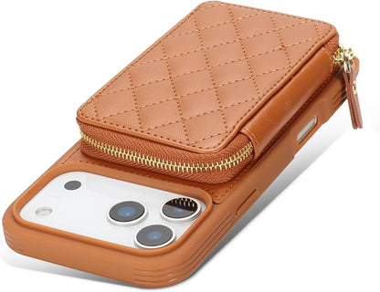 Crossbody Wallet Case for iPhone 17 Pro Max, PU Leather Zipper Handbag Purse Flip Cover, Kickstand Folio Case with Card Slots Holder Wrist Strap Lanyard 5G 6.9 Inch-Brown
