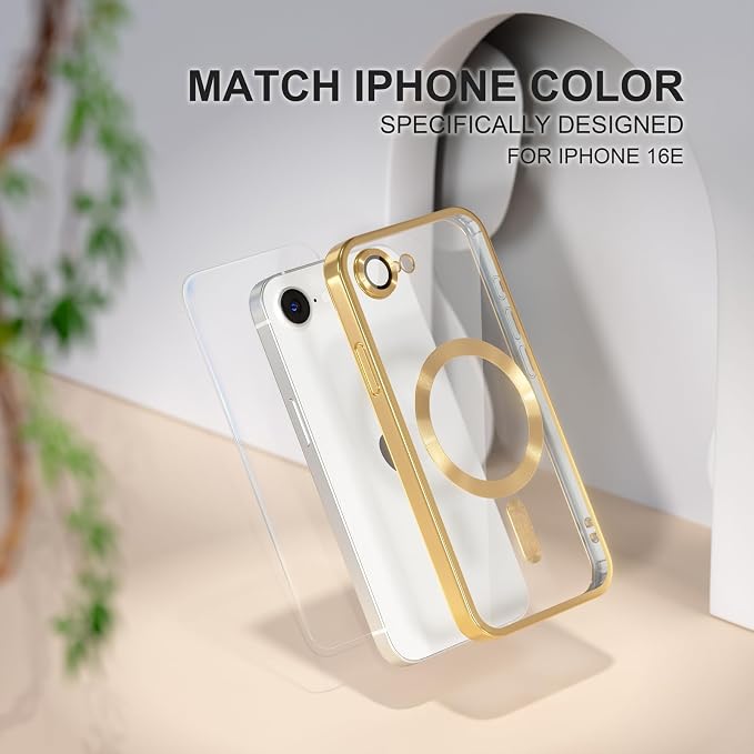 Misea Magnetic for iPhone 17e / 16e Case Compatible with MagSafe [Never Yellowing] [Military Grade Drop Protection] Full Camera Lens Protector Plating Soft Clear Phone Case for Women 6.1 inch, Gold