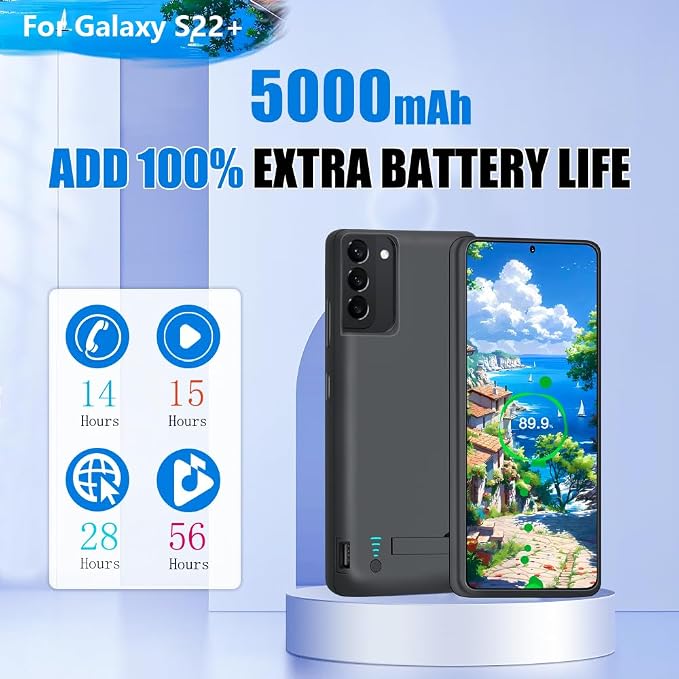 [New 2026 Battery Case for Samsung Galaxy S22+, 5000mAh Rechargeable Extended Battery Charging Charger Case, Add 100% Extra Juice (6.6 Inches) Black
