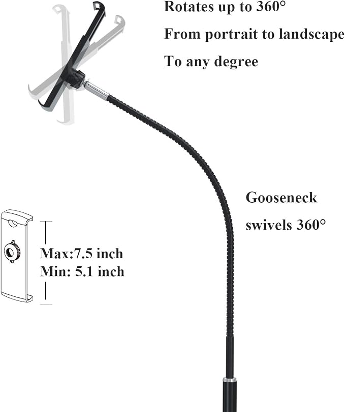 Tablet Floor Stand with Flexible Gooseneck and Stable Aluminum Base Suitable for 3.5” - 10.6” Smart Phone & Tablet Black