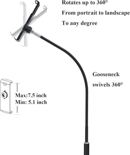 Tablet Floor Stand with Flexible Gooseneck and Stable Aluminum Base Suitable for 3.5” - 10.6” Smart Phone & Tablet Black