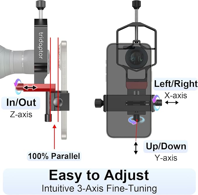 tridaptor - Universal Digiscoping Adapter | High-Precision Phone to Telescope 3-Axis Metal Holder Mount for Spotting Scope Monocular Microscope|Fits 2.4" Eyepiece Max&Most Cell Phone Camera