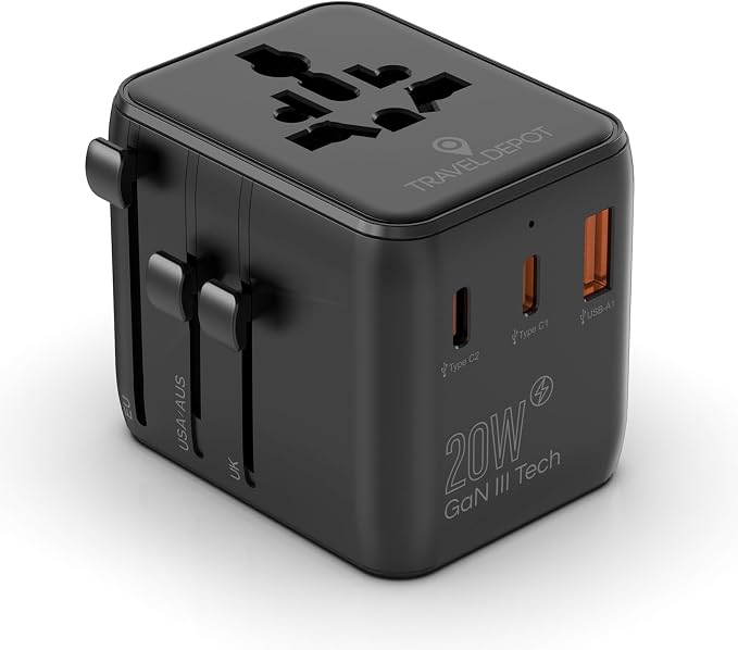 TRAVEL DEPOT Universal Travel Adapter w/USB Ports, GaN All in One Worldwide Plug Adapter, International Power Converter for All Devices, Wall Charger AC Power Type C Charging Ports for USA EU UK AUS